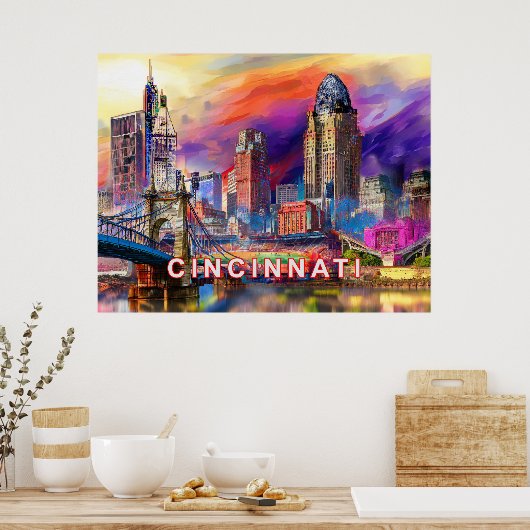 Levendige Cincinnati Ohio Abstracte skyline kunst Poster (Keuken)