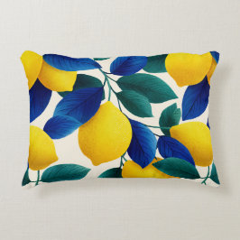 Levendige citroen & Blauwe bladeren Waterverf Patr Accent Kussen