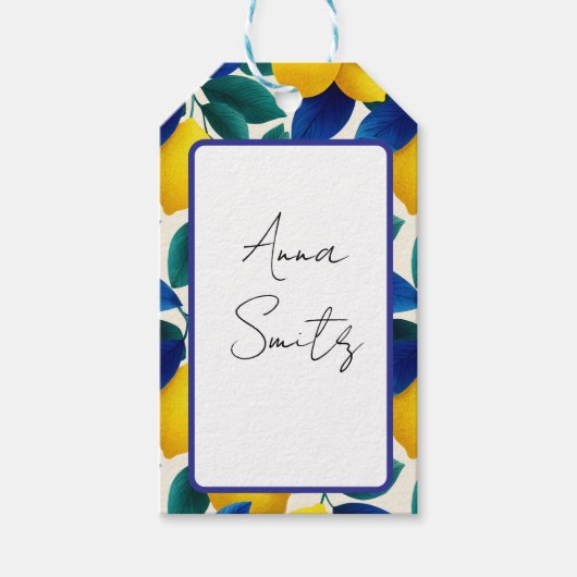 Levendige citroen & Blauwe bladeren Waterverf Patr Cadeaulabel (Voorkant)