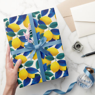 Levendige citroen & Blauwe bladeren Waterverf Patr Cadeaupapier