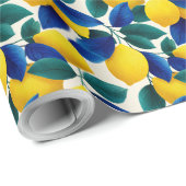 Levendige citroen & Blauwe bladeren Waterverf Patr Cadeaupapier (Rol Hoek)