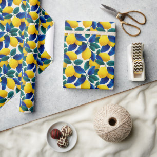 Levendige citroen & Blauwe bladeren Waterverf Patr Cadeaupapier