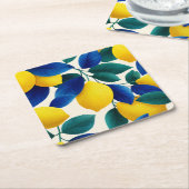 Levendige citroen & Blauwe bladeren Waterverf Patr Kartonnen Onderzetters (Schuin)