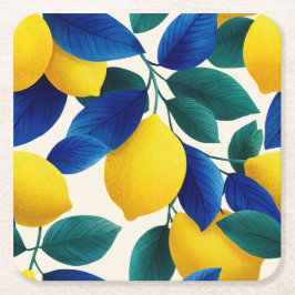 Levendige citroen & Blauwe bladeren Waterverf Patr Kartonnen Onderzetters