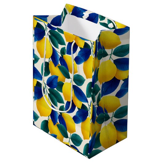 Levendige citroen & Blauwe bladeren Waterverf Patr Medium Cadeauzakje (Voorkant Gekanteld)