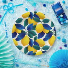 Levendige citroen & Blauwe bladeren Waterverf Patr Papieren Bordje