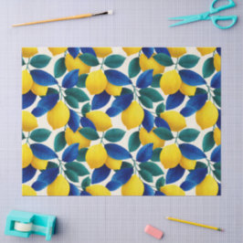 Levendige citroen & Blauwe bladeren Waterverf Patr Tissuepapier