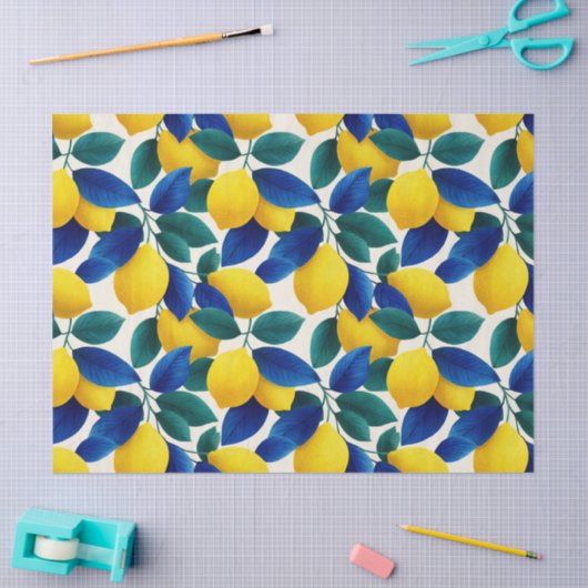 Levendige citroen & Blauwe bladeren Waterverf Patr Tissuepapier (Craft)