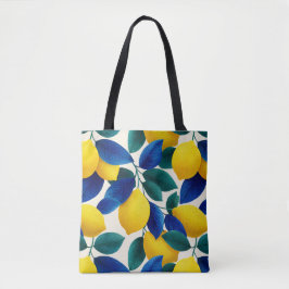 Levendige citroen & Blauwe bladeren Waterverf Patr Tote Bag
