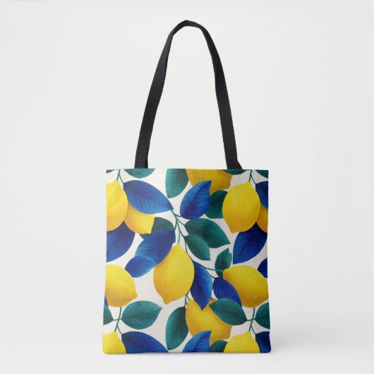 Levendige citroen & Blauwe bladeren Waterverf Patr Tote Bag (Voorkant)