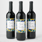 Levendige citroen & Blauwe bladeren Waterverf Patr Wijn Etiket (Flessen)