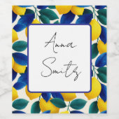 Levendige citroen & Blauwe bladeren Waterverf Patr Wijn Etiket (Enkel label)