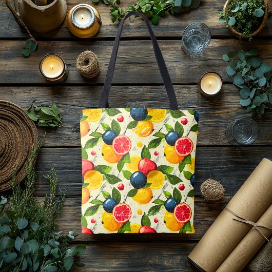 Levendige citrus en bes & gepersonaliseerde initia tote bag