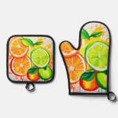 Levendige Citrus Fruit Splash Art Ovenwant & Pannenlap Set (Voorkant)