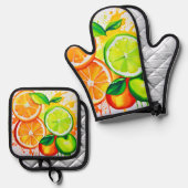 Levendige Citrus Fruit Splash Art Ovenwant & Pannenlap Set (Voorkant / Achterkant)