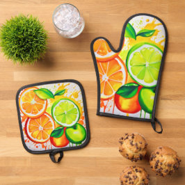 Levendige Citrus Fruit Splash Art Ovenwant & Pannenlap Set