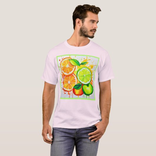 Levendige Citrus Fruit Splash Art T-shirt (Voorkant volledig)