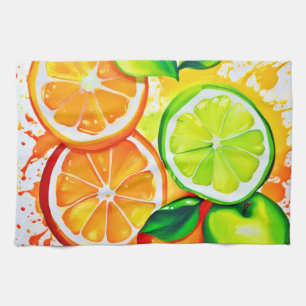 Levendige Citrus Fruit Splash Art Theedoek
