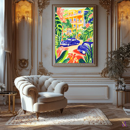 Levendige City Street met klassieke auto's in Fauv Canvas Afdruk