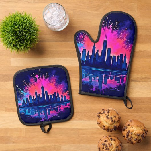 Levendige CitySplash Art Ovenwant & Pannenlap Set (Top down)