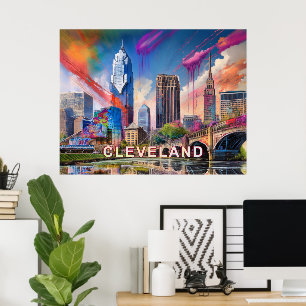 Levendige Cleveland Ohio Skyline Abstracte kunst Poster