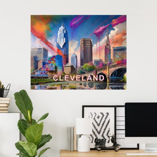 Levendige Cleveland Ohio Skyline Abstracte kunst Poster (Thuiskantoor)