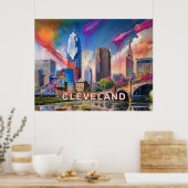 Levendige Cleveland Ohio Skyline Abstracte kunst Poster (Keuken)