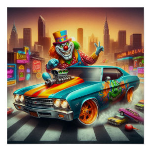 Levendige Clown en Muscle Car Scene Perfect Poster