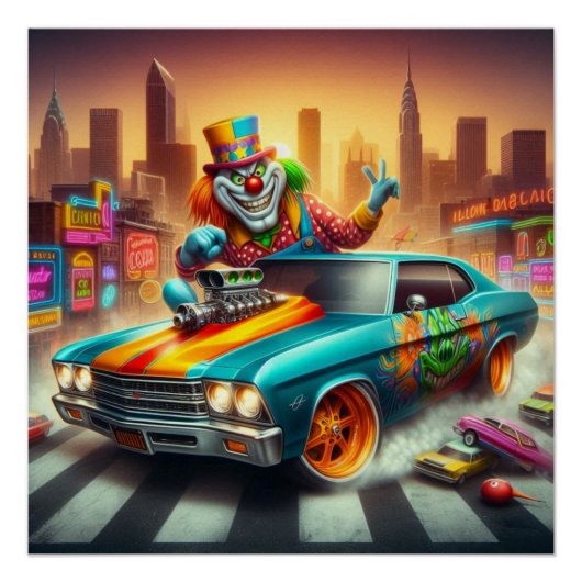 Levendige Clown en Muscle Car Scene Perfect Poster (Voorkant)