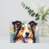 Levendige Collie Dog Waterverf Portret Briefkaart (Staand voorkant)