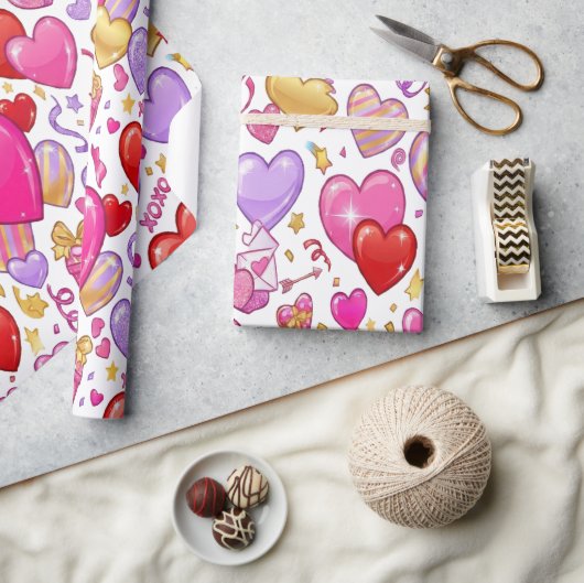 Levendige Confetti Harten  Cadeaupapier (Crafts)