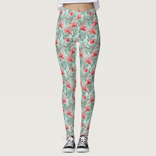 Levendige Coral Eucalyptus Blossom Leggings (Voorkant)