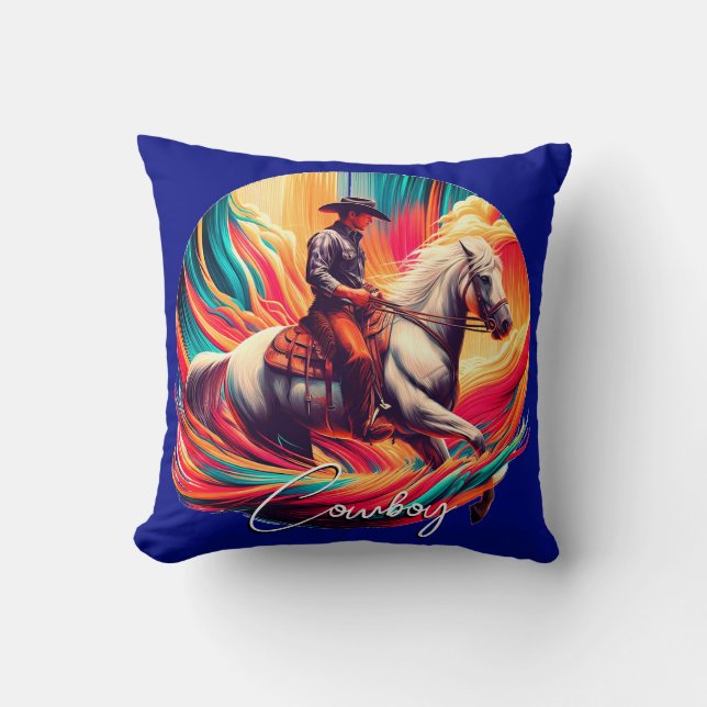 Levendige Cowboy en Paard Blauw Kussen (Voorkant)