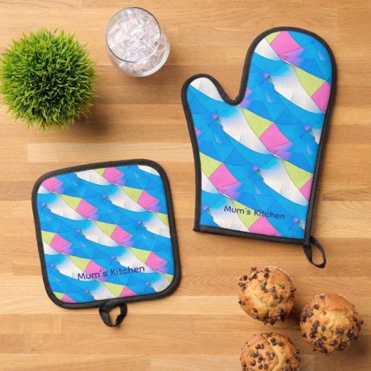 Levendige curven abstract kunstpatroon ovenwant & pannenlap set (Top down)