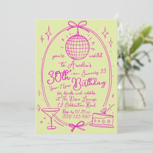 Levendige Custom 30th Verjaardag Disco Hand getrok Kaart (Staand voorkant)