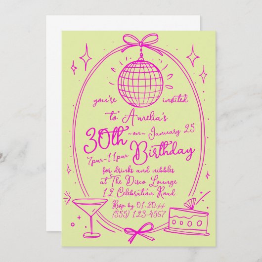 Levendige Custom 30th Verjaardag Disco Hand getrok Kaart (Voorkant / Achterkant)
