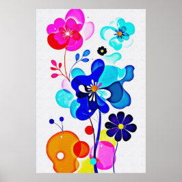 Levendige Cyaan Magenta Abstracte Vloeibare Bloeme Poster