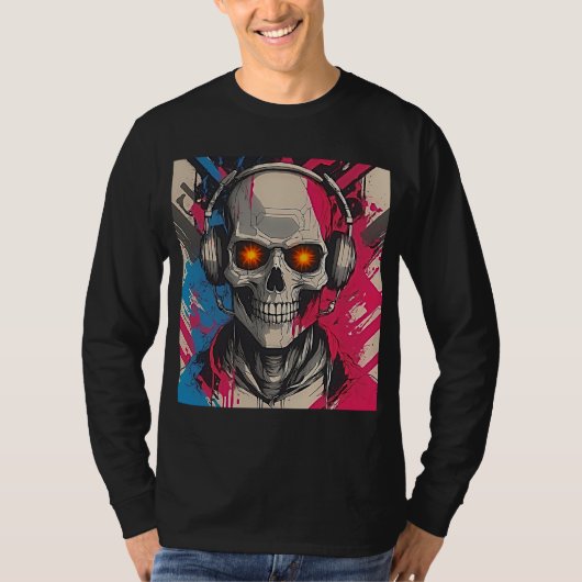 Levendige Cyber 2K Urban Skull met Hoofdtelefoon T-shirt (Voorkant)