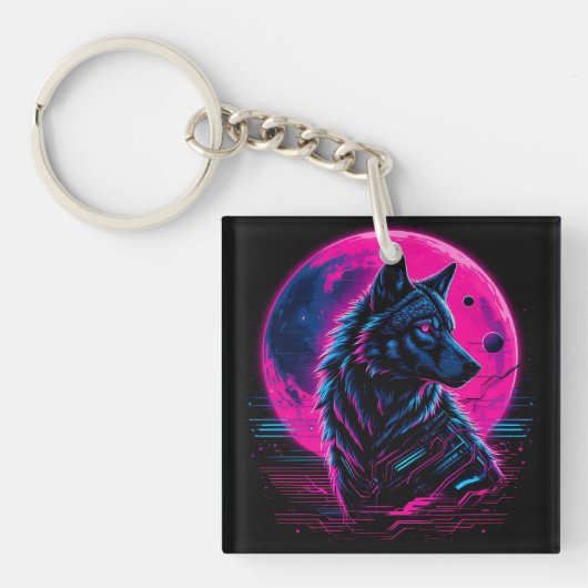 Levendige Cyberpunk Neon Wolf Sleutelhanger (voorkant)
