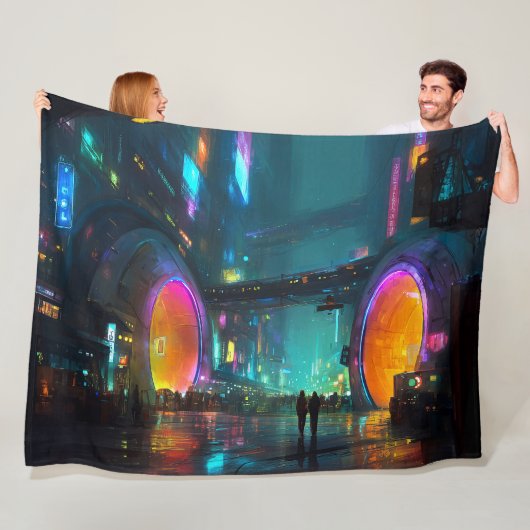 Levendige cyberpunk-stadsgezicht met bogen fleece deken (In situ)