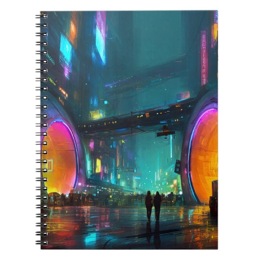 Levendige cyberpunk-stadsgezicht met bogen notitieboek (Voorkant)