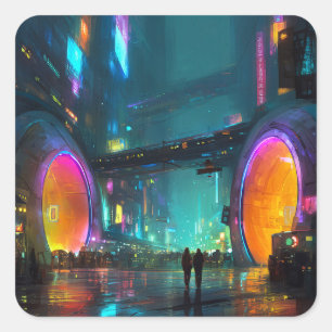 Levendige cyberpunk-stadsgezicht met bogen vierkante sticker