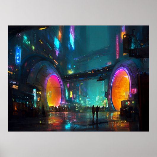 Levendige cyberpunk-stadslandschap met bogen poster (Voorkant)