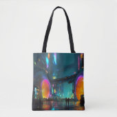 Levendige cyberpunk-stadslandschap met bogen tote bag (Voorkant)