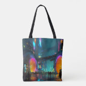 Levendige cyberpunk-stadslandschap met bogen tote bag (Achterkant)