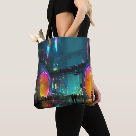 Levendige cyberpunk-stadslandschap met bogen tote bag (Dichtbij)