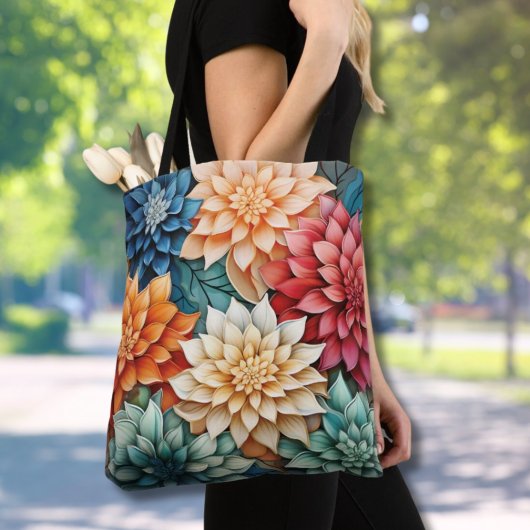 Levendige Dahlia Bloemen Kleurrijke Allover Patroo Tote Bag