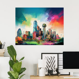 Levendige Dallas Skyline Graffiti Art Poster