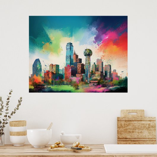 Levendige Dallas Skyline Graffiti Art Poster (Keuken)