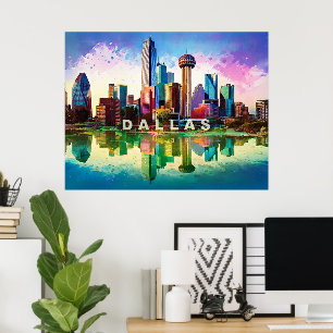 Levendige Dallas Skyline Graffiti Art Poster